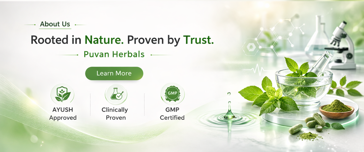 Puvan Herbals natural Ayurvedic products with mint leaves, herbal capsules, laboratory setup, AYUSH approved and GMP certified wellness brand banner