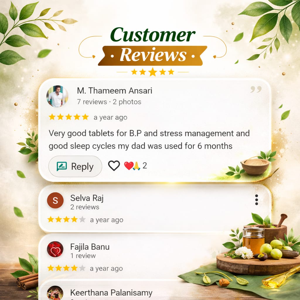 5-star customer review for Puvan Herbals tablets supporting BP control, stress management, and improved sleep cycles