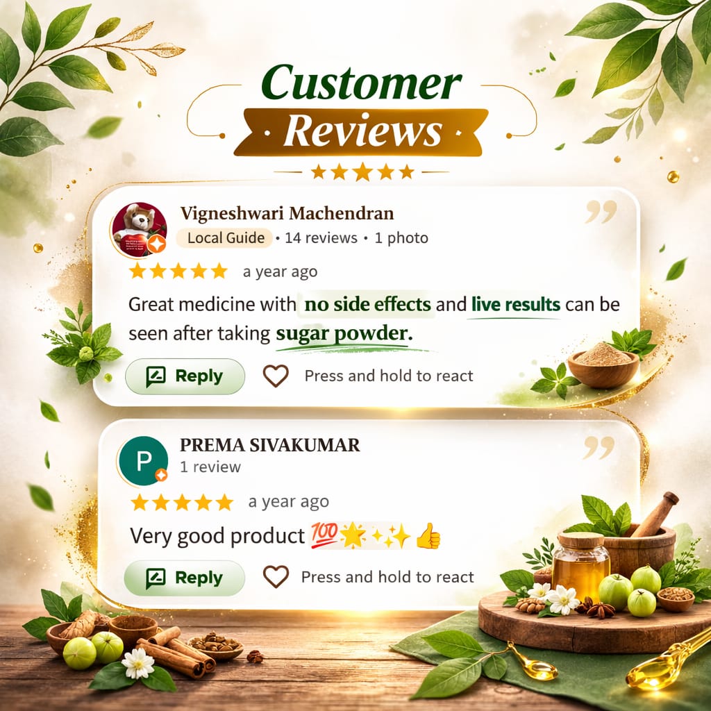 Customer review praising Puvan Herbals Ayurvedic medicine for no side effects and visible live results