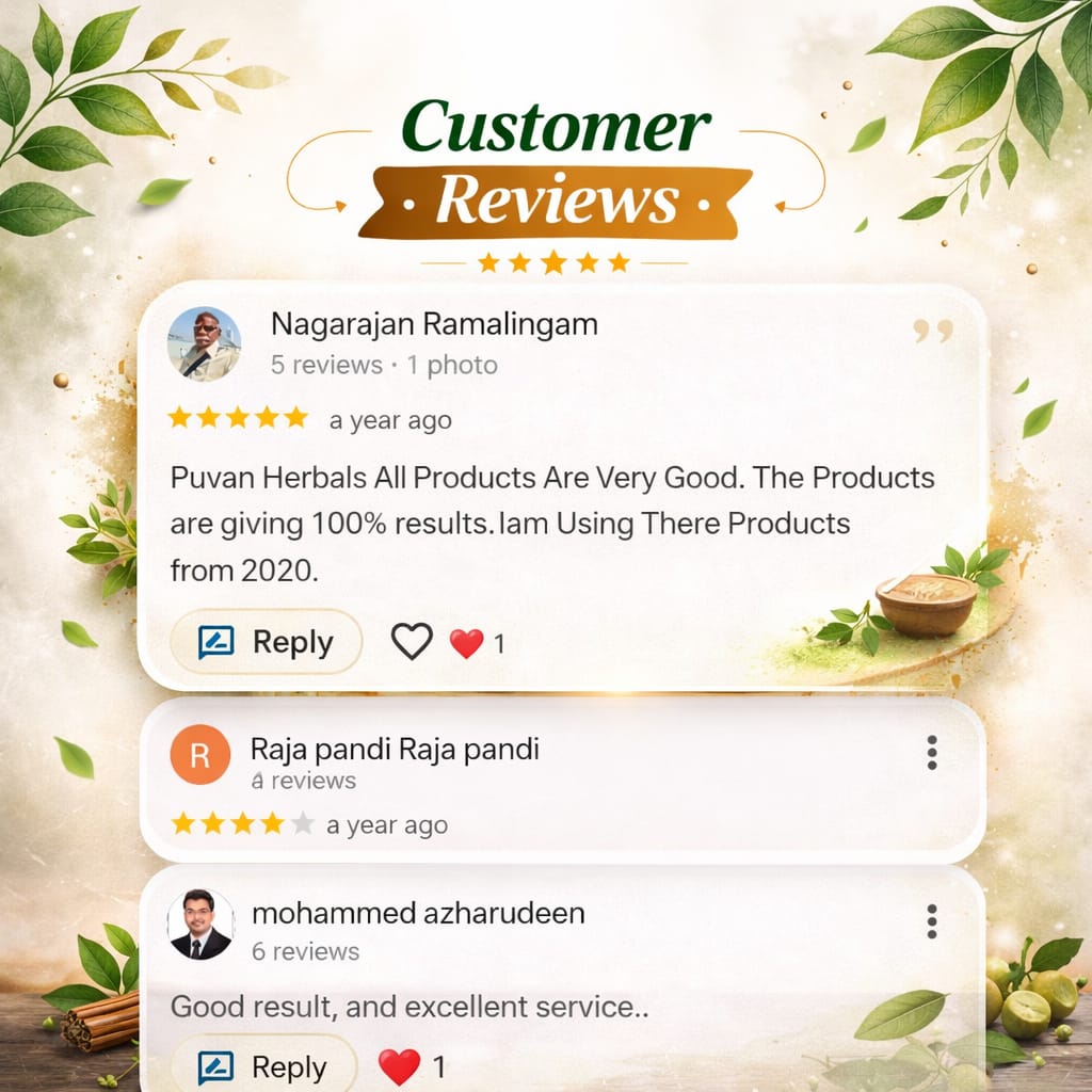 Customer reviews for Puvan Herbals Ayurvedic products showing 5-star ratings and positive feedback on product quality and results
