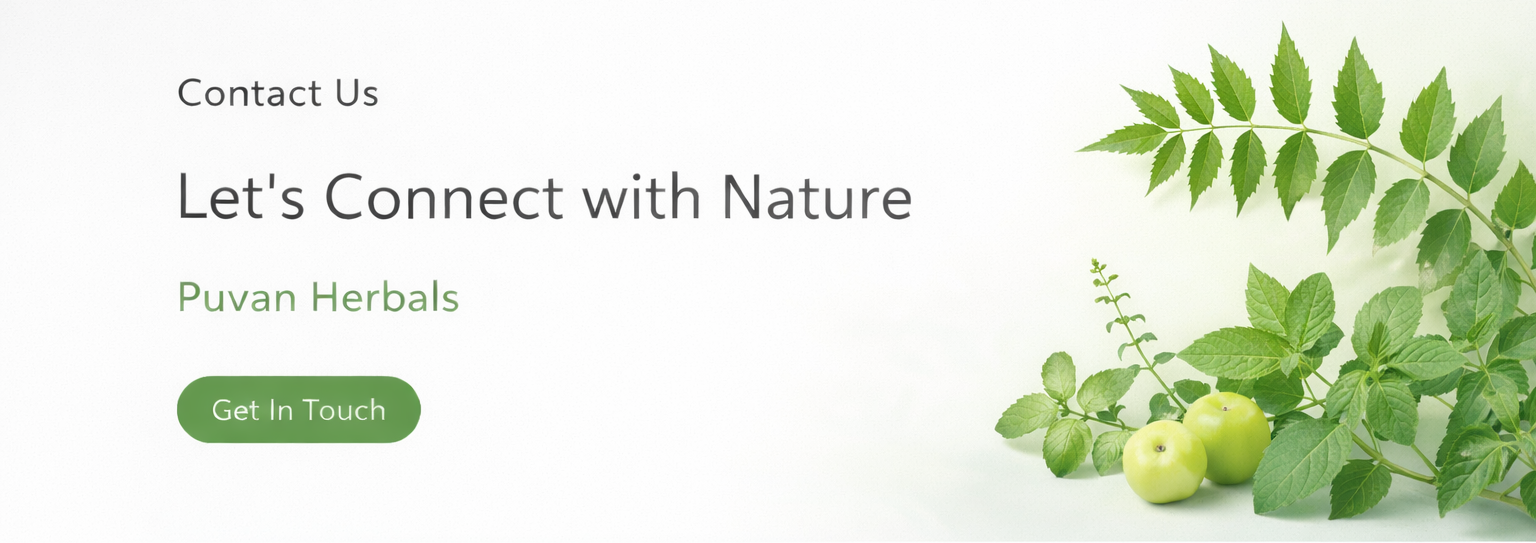 Puvan Herbals contact us banner with green herbal leaves, amla fruits, and get in touch button representing natural Ayurvedic wellness brand