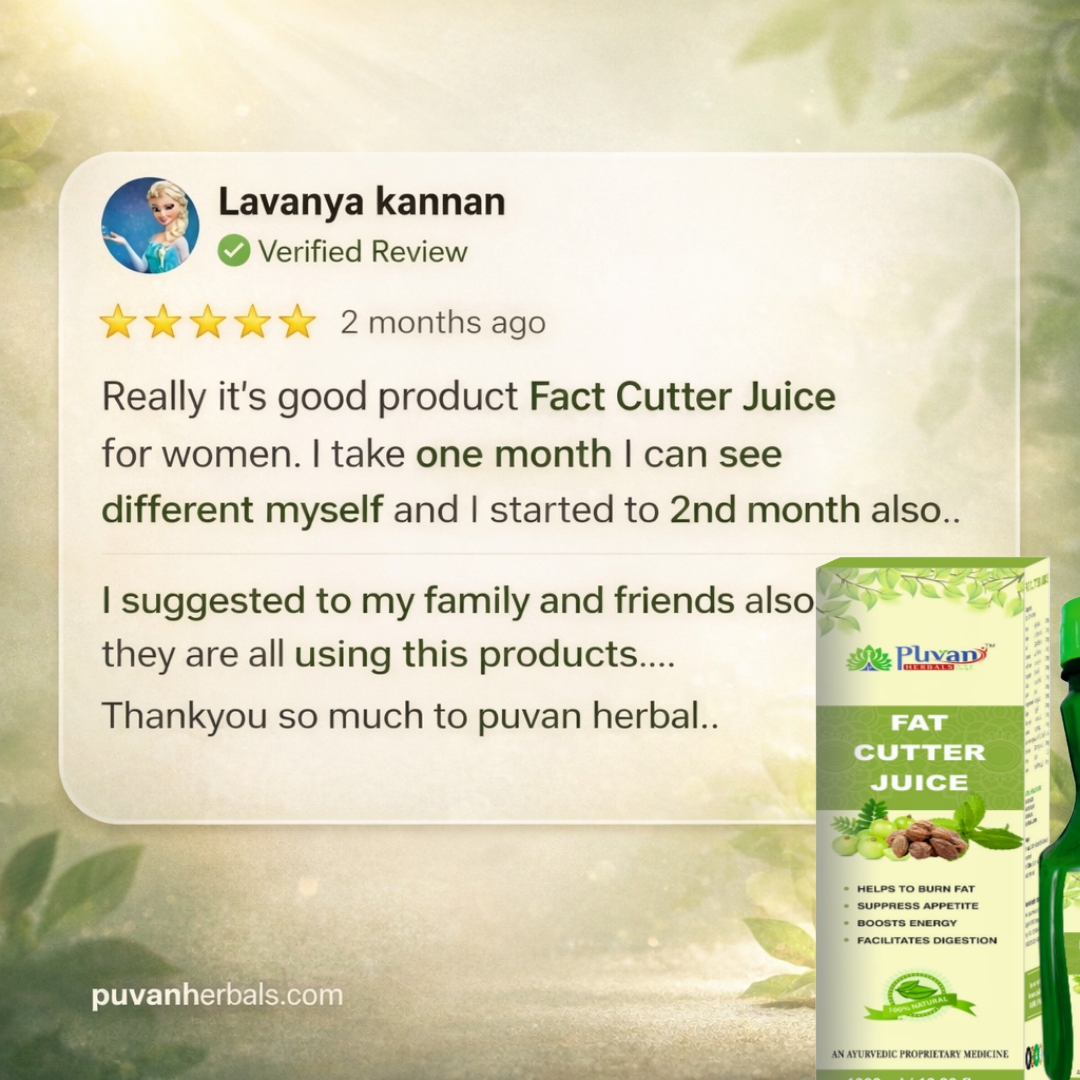 Women customer review for Puvan Herbals Fat Cutter Juice with product packaging image and 5-star rating