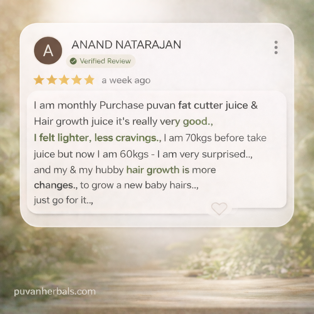 Verified 5-star customer review for Puvan Herbals Fat Cutter Juice and Hair Growth Juice showing 10kg weight loss and improved hair growth results